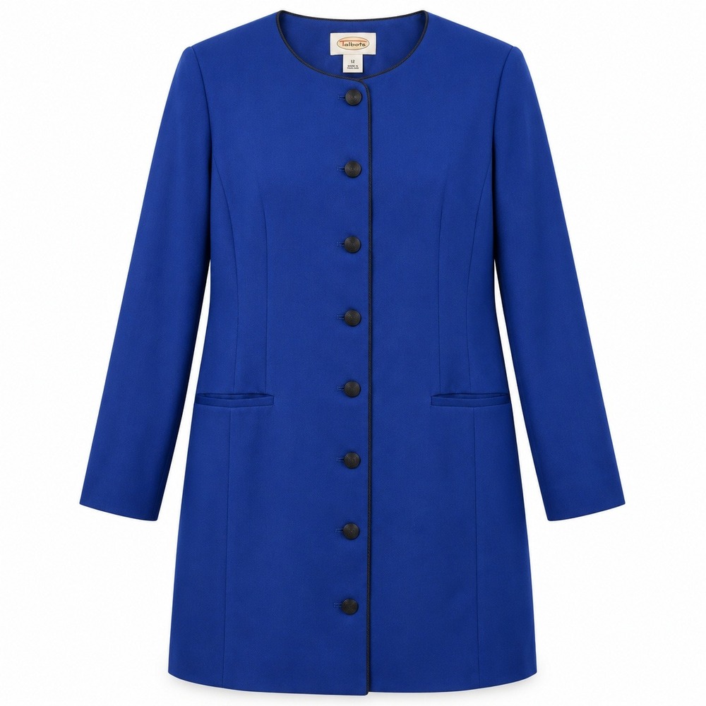 Talbots Longline Blazer Womens 12 Royal Blue Excellent Collarless Button Front